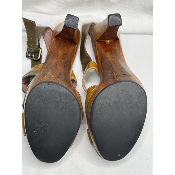 Derek Lam Orange Brown Patent Leather Slingback Platform Wooden Heel Sandals 8.5 - Picture 9 of 11